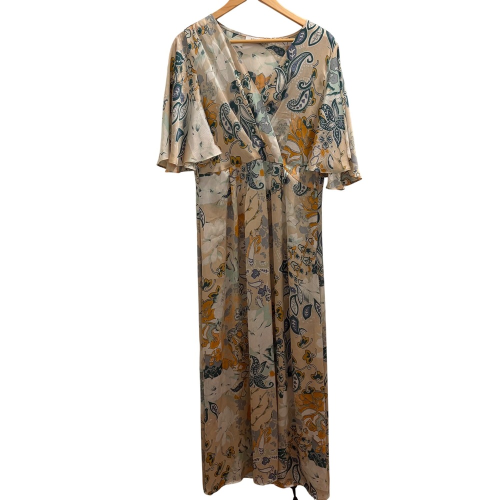 Anany Womens XL Paisley Floral V-Neck Flutter Sleeve Boho Maxi Dress Multicolor